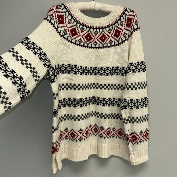 Talbots XL Ivory Red Nordic Fair Isle Wool Blend Knit Crewneck Sweater - Picture 8 of 15